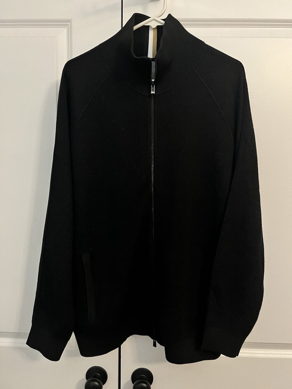 BOSS Hugo Boss Mens Full Zip Knit Cardigan Sweater Jacket Black Wool Size XL